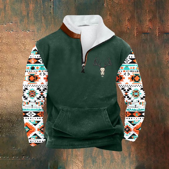 LEBONYARD Mens Hoodies,Men Casual Hoodie Retro Ethnic Printed Stand-up Neck Zipper Long Sleeve Tops Wshirts Green XXXXXL