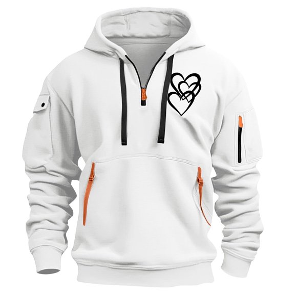 LEBONYARD Mens Hoodies Pullover,Fashionable Men's Printed Hooded Sweatshirt with Zipper and Multiple Pockets Pullover Sweatshirt White XXXL