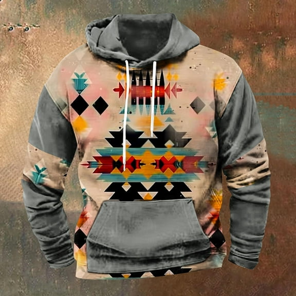 LEBONYARD Mens Hoodies Pullover Graphic,Men's Retro Printed Top Long Sleeved Hooded Top Hooded Sweatshirt Gray XL
