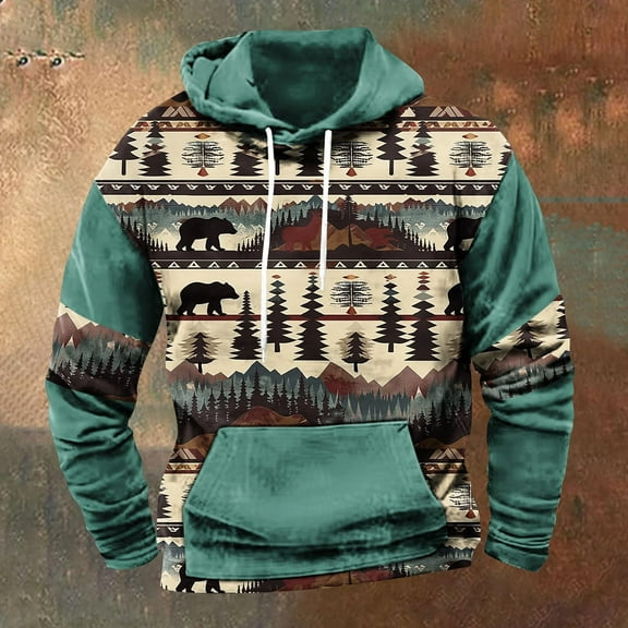 LEBONYARD Mens Hoodies Sweatshirts,Men's Retro Printed Top Long Sleeved Hooded Top Hooded Sweatshirt Green XXL