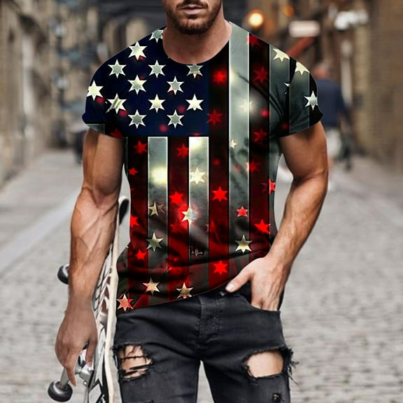 Tops for Men Trendy LEBONYARD Mens Independence Day Flag Comfortable T Shirt Short Sleeves,Mens Tops Trendy,Fashion Men Comfortable Printing Short Sleeve Round-Neck Blouses Shirts Multicolor S