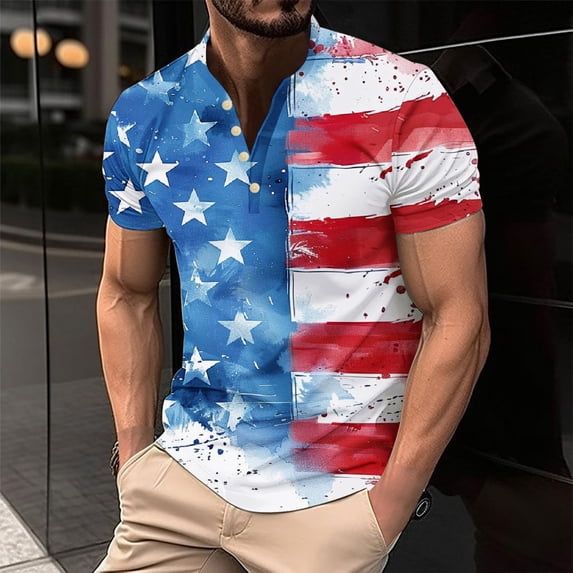 Summer Tops for Men LEBONYARD Mens Independence Day Flag Comfortable T Shirt Short Sleeves,Mens Tops Trendy,Men's Printing Button Short Sleeve Round-Neck Blouses Shirts Multicolor XXXXL