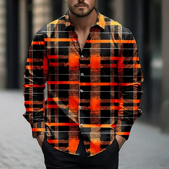 LEBONYARD Mens Jackets with Hoods,Men's Plaid Shirts Jacket,Men's Fashionable Check Print Casual Long Sleeve Turndown Collar Blouse Shirt Orange XXL