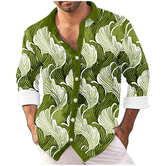 LEBONYARD Mens Shirts Big and Tall,Men's Pullover Graphic Print Hoodie,Men's Digital Printed Shirt Slub Wave Printed Lapel Long Sleeve Shirt Green XXXXXL