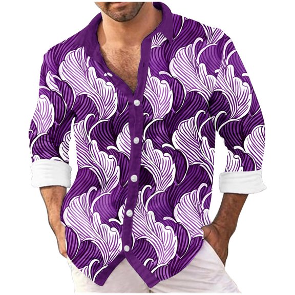LEBONYARD Mens Shirts under $5.00,Men's & Big Men's Lightweight Pullover Shirt Hoodie,Men's Digital Printed Shirt Slub Wave Printed Lapel Long Sleeve Shirt Purple XL