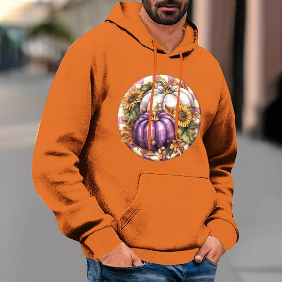 LEBONYARD Mens Shirts Long Sleeve Henley Shirt,Men's Printed Fashionable Casual Pocket Long Sleeved Hooded Sweatshirt Orange XXL