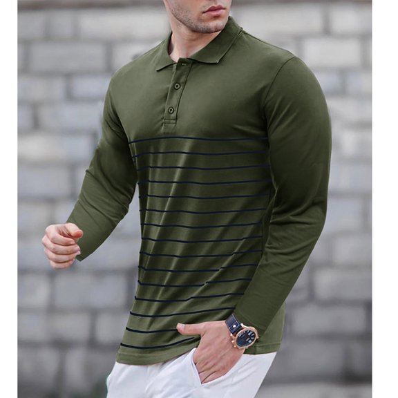 LEBONYARD Mens Shirts Long Sleeve,Men's Fashion Casual Stripe Printing Long Sleeve Turndown Collar Blouse Army Green S