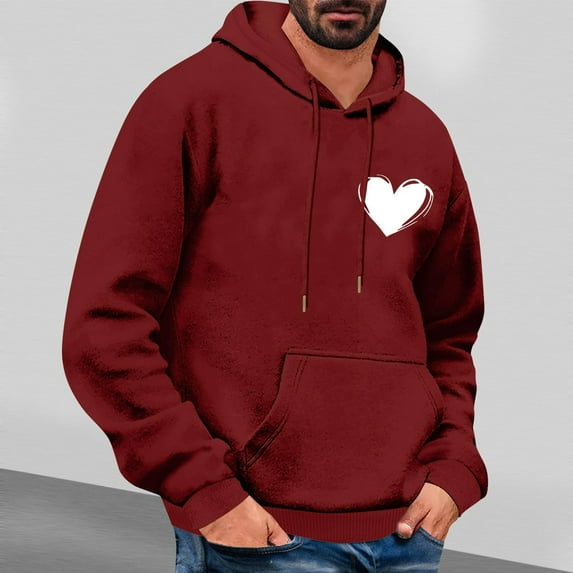 LEBONYARD Mens Shirts Long Sleeve,Mens Clothing Sale,Men's Valentine's Day Printed Casual Hooded Long Sleeved Sweatshirt Wine XL