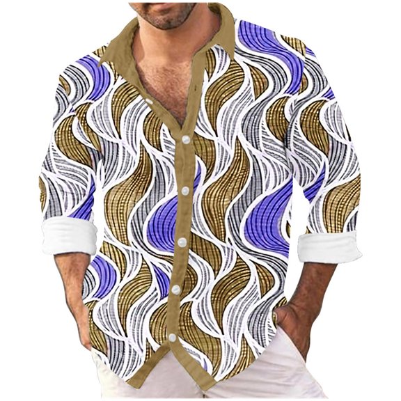 LEBONYARD Mens Shirts Long Sleeve,Mens Hoodies Sweatshirts,Men's Digital Printed Shirt Slub Wave Printed Lapel Long Sleeve Shirt Army Green M