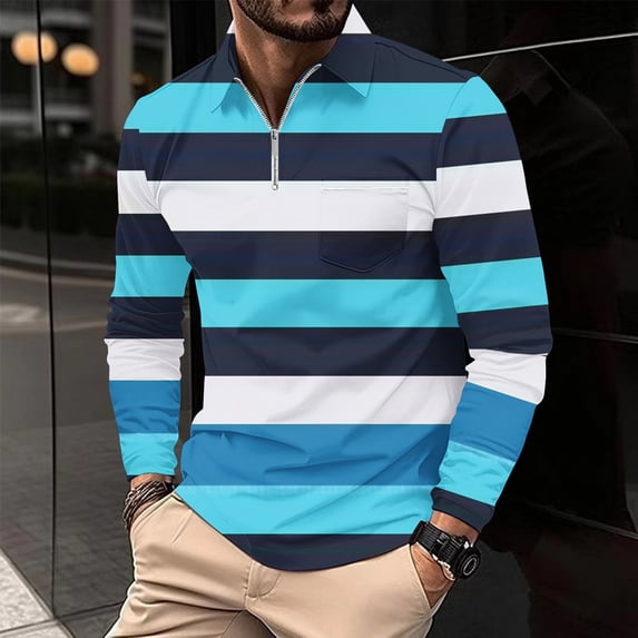 LEBONYARD Mens Shirts Long Sleeve,Mens Sweatshirts under $10,Men's Casual Striped Printed Zipper T-shirt Shirt Long Sleeved Lapel Top/shirt Multicolor XL