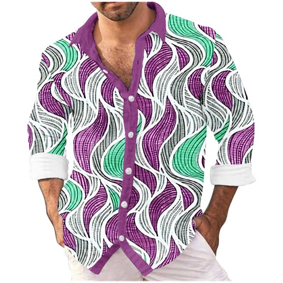 LEBONYARD Mens Sweatshirts,Men's Digital Printed Shirt Slub Wave Printed Lapel Long Sleeve Shirt Purple M
