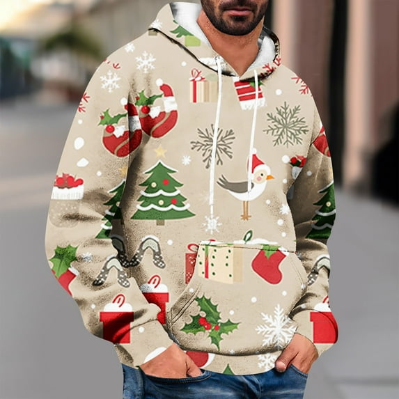 LEBONYARD Mens Sweatshirts Clearance under $5.00,Men's Printed Fashionable Casual Drawstring Pocket Long Sleeved Hooded Sweatshirt Beige M