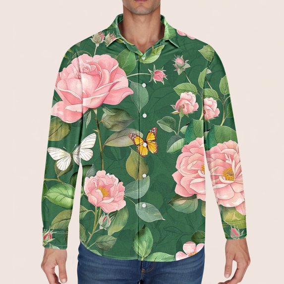 LEBONYARD Mens Sweatshirts Clearance under $5.00,Men's Printed Long Sleeved Button Up Lapel Top Green M