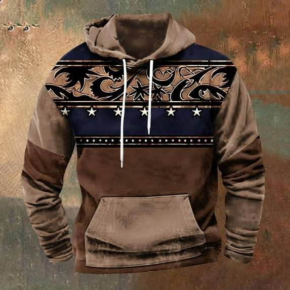 LEBONYARD Mens Sweatshirts Hoodie,Men's Retro Printed Top Long Sleeved Hooded Top Hooded Sweatshirt Khaki M