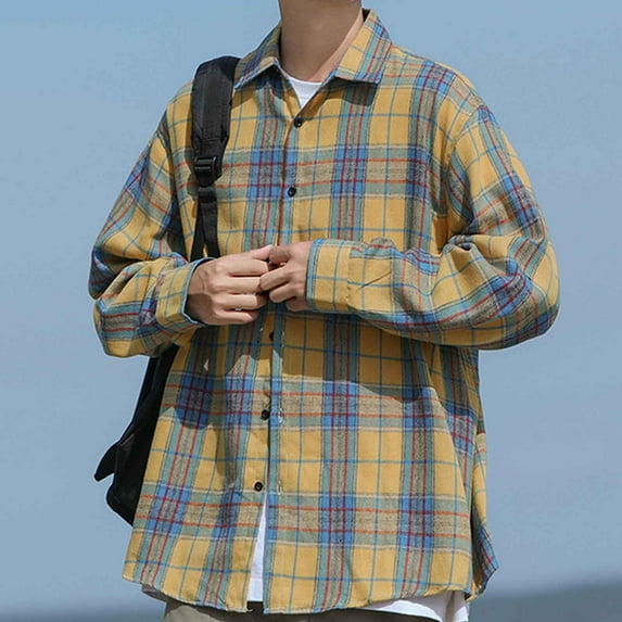 LEBONYARD Mens T-Shirts Long Sleeve Button Down,Mens Clearance Clothing under $5,Men Casual Printing Pocket Long Sleeve Turndown Collar Blouse Shirt Yellow XL