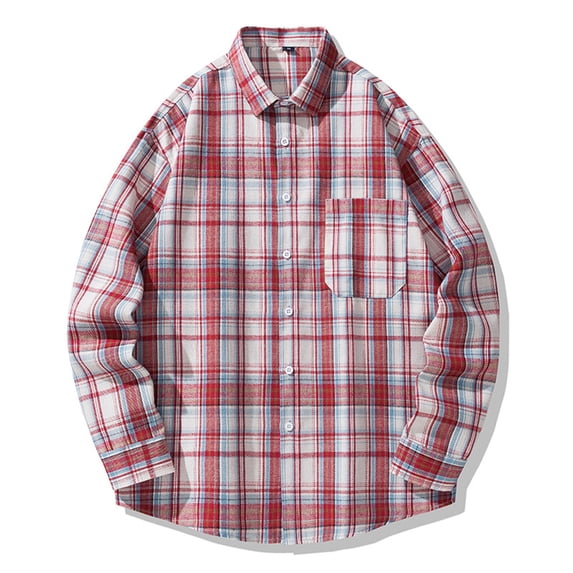 LEBONYARD Mens T-Shirts Long Sleeve,Men's Fleece Lined Flannel Shirt Jacket,New Casual Fashion Men's Plaid Shirt Loose Youth Long Sleeve Turndown Collar Blouse Shirt Red M