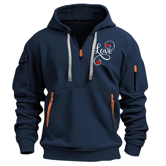 LEBONYARD Mens Tops Big and Tall,Henley Sweatshirts for Men Long Sleeve,Fashionable Men's Printed Hooded Sweatshirt with Zipper and Multiple Pockets Pullover Sweatshirt Navy XXL