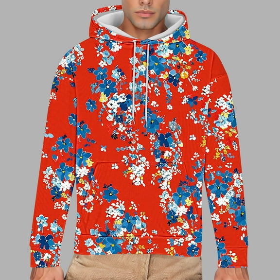 LEBONYARD Mens Tops Big and Tall,Henley Sweatshirts for Men,Men's Printed Long Sleeved Hooded Sweatshirt Hooded Sweatshirts Red XXXXL