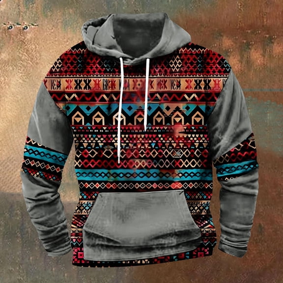 LEBONYARD Mens Tops Big and Tall,Henley Sweatshirts for Men,Men's Retro Printed Top Long Sleeved Hooded Top Hooded Sweatshirt Gray XXXL
