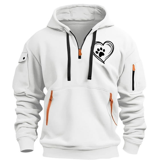 LEBONYARD Mens Tops under $5,Mens Clothing,Fashionable Men's Printed Hooded Sweatshirt with Zipper and Multiple Pockets Pullover Sweatshirt White XL