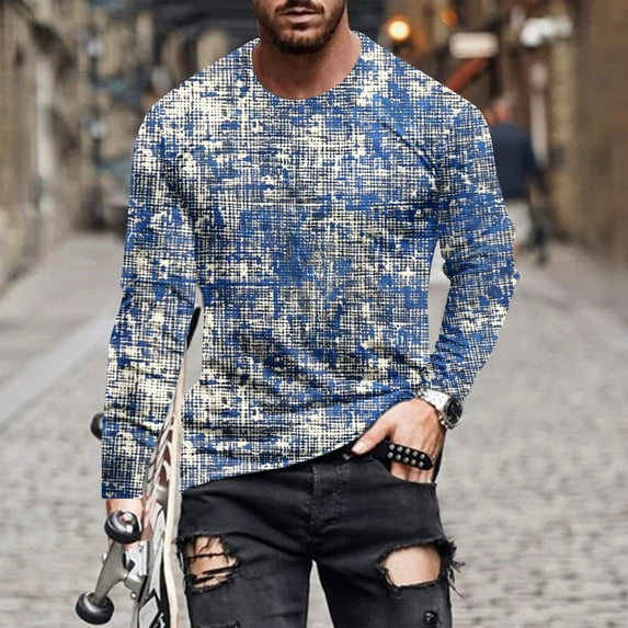 LEBONYARD Mens Tops Clearance,Fashionable Men'sPprinted Long Sleeved Round Neck Casual and Comfortable Top Blue S