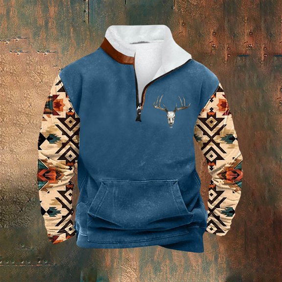 LEBONYARD Mens Tops,Men's & Big Men's Lightweight Pullover Shirt Hoodie,Men Casual Hoodie Retro Ethnic Printed Stand-up Neck Zipper Long Sleeve Tops Wshirts Blue S