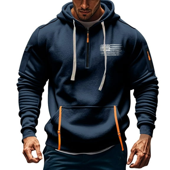 LEBONYARD Mens Tops,Mens Clothing,Men's Spring and Fall Printed Hooded Sweatshirt Zipper Multi-Pocket Pullover Sweatshirt Navy XL