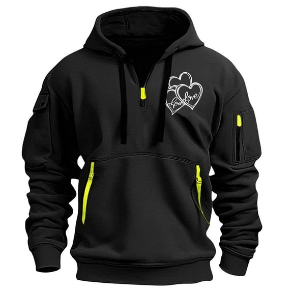 LEBONYARD Mens Tops,Mens Clothing Sale,Fashionable Men's Printed Hooded Sweatshirt with Zipper and Multiple Pockets Pullover Sweatshirt Black L