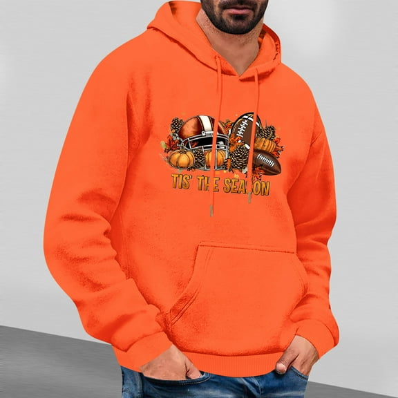 LEBONYARD Mens Tops,Hoodies for Men,Men's Thanksgiving Printed Casual Hooded Long Sleeve Sweatshirt Orange M