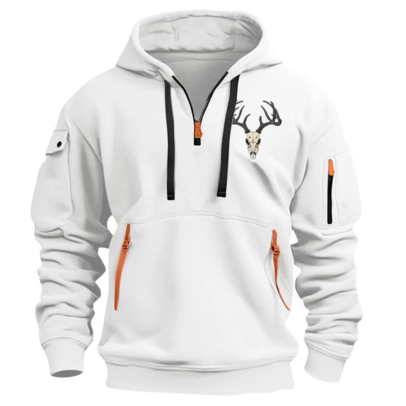 LEBONYARD Mens Tops Long Sleeve,Hoodies for Men,Fashionable Men's Printed Hooded Sweatshirt with Zipper and Multiple Pockets Pullover Sweatshirt White S