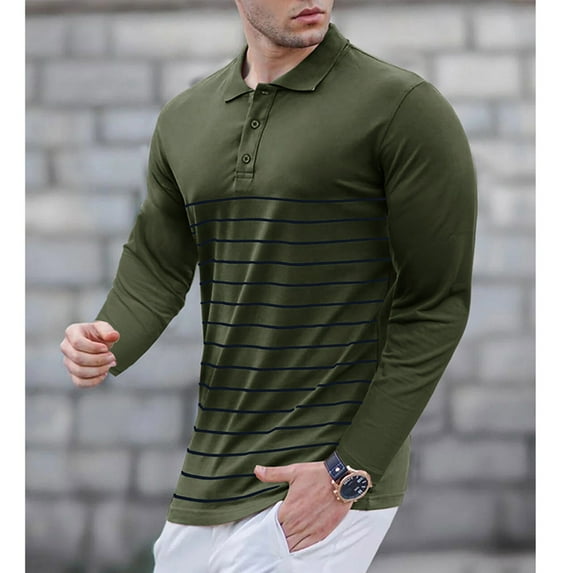 LEBONYARD Mens Tops Long Sleeve Clearance under $10,Men's Fashion Casual Stripe Printing Long Sleeve Turndown Collar Blouse Army Green L