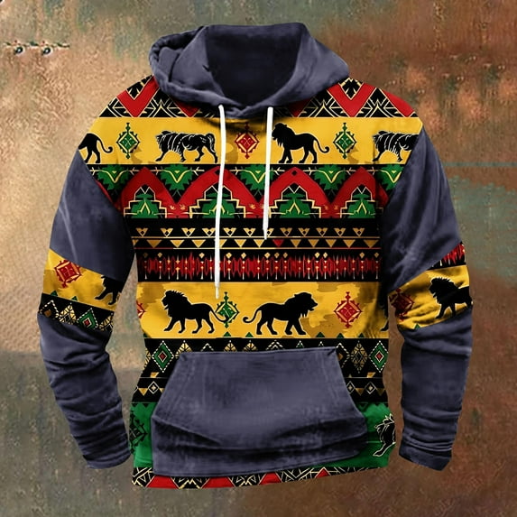 LEBONYARD Mens Tops Long Sleeve Crewneck,Men's Retro Printed Top Long Sleeved Hooded Top Hooded Sweatshirt Navy L