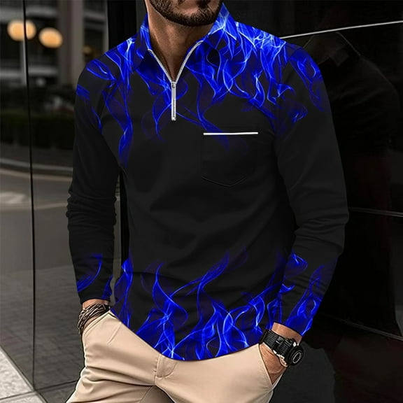 LEBONYARD Mens Tops Long Sleeve,Sales Hoodies for Men,Men's Casual Printed Zipper T-shirt Shirt Long Sleeved Lapel Top Blue M