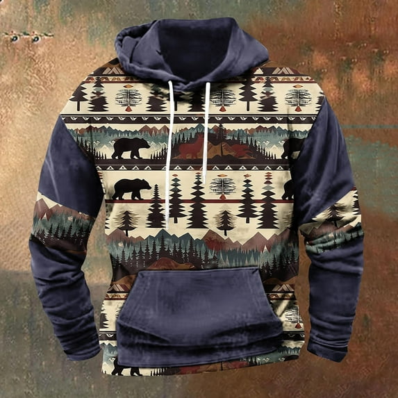 LEBONYARD Mens Tops Long Sleeve,Sales Hoodies for Men,Men's Retro Printed Top Long Sleeved Hooded Top Hooded Sweatshirt Navy M