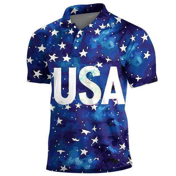 LEBONYARD Mens Tops Trendy Summer Clearance,Men Casual Independence Day Printed Short Sleeve Turn Down Collar Buttons Side Split T-Shirt Blouse Tops Blue M