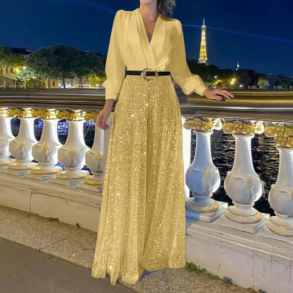 LEBONYARD Neon Color Block Overalls for Women-Vibrant Statement,Woman Fashion Sequin Solid Color Splice V- Sleeve Long Sleeve Jumpsuit Long Pants Gold XXXL