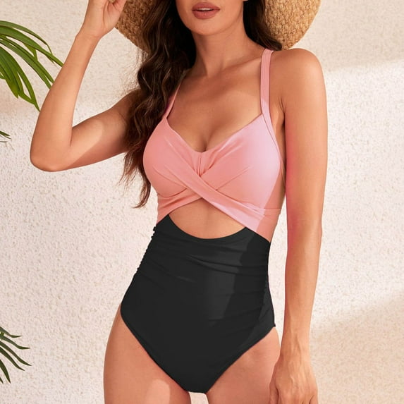 LEBONYARD One Piece Swimsuits for Girls,Women's Color Block Fashion Adjustable Suspenders Fold Backless Bikinis Black M