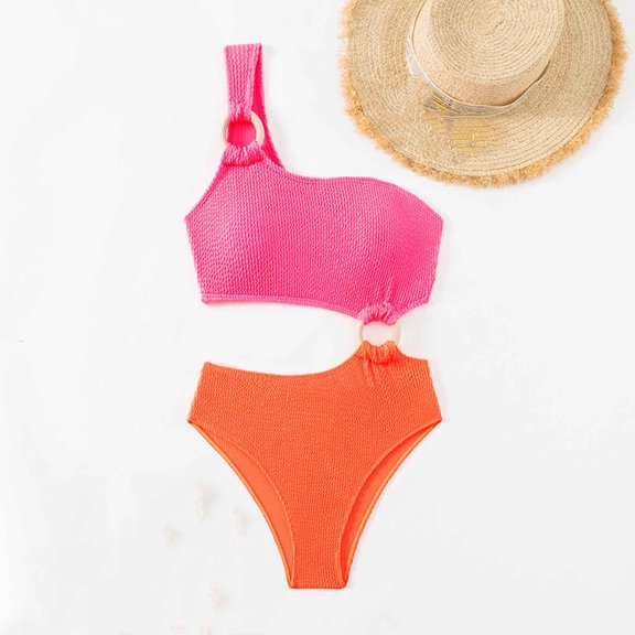 LEBONYARD One Shoulder One Piece Swimsuit for Women,Fashion Comfortable Solid Color Bikini Women's Plain Color Swimsuit Bikinis Sets Pink L