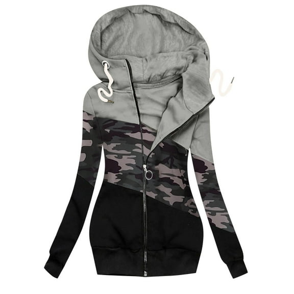 LEBONYARD Outwear Jackets for Women,Women Winter Casual Camouflage Prints Jacket Zipper Sweatshirt Long Sleeve Coat Gray XXXL
