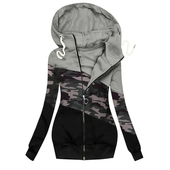 LEBONYARD Outwear for Women Clearance,Women Winter Casual Camouflage Prints Jacket Zipper Sweatshirt Long Sleeve Coat Gray S