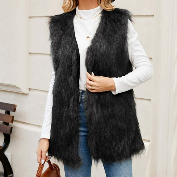 LEBONYARD Overcoats for Women Long Sleeve,Womens Ladies Warm Faux Furry Long Coat Jacket Winter Solid V-neck Outerwear Black M