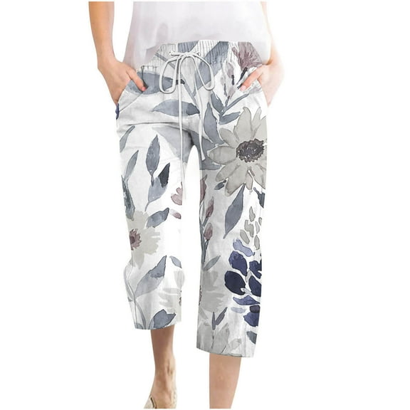LEBONYARD Pants for Women,Women Casual Pants Straight Leg Retro Leaf Pants Drawstring Elastic Waist Loose Comfy Trousers with Pockets White S