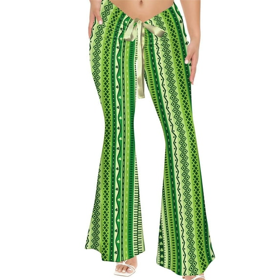 LEBONYARD Pants for Women Plus Size with Pockets,Pants for Women,Women's St. Patrick's Pants Casual Green Four Leaf Printed Lace-Up Flared Green M