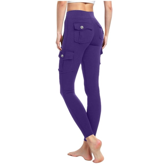 LEBONYARD Pants for Women Plus Size with Pockets,Women's Casual Trousers Solid Elastic Waist Pants Stretchy Stylish Pants Yoga Cargo Pants with Pocket Purple L