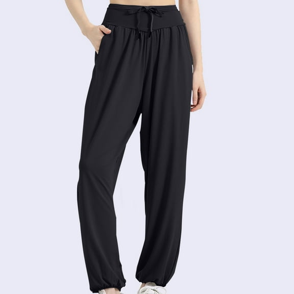 LEBONYARD Pants for Women Flowy Drawstring Waist Wide Leg,Women's Casual Fashion Elastic-waist Pants Loose Casual Pants Black XL