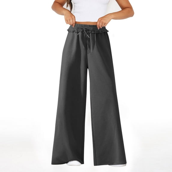 LEBONYARD Pants for Women Plus Size Clearance,Women's Elastic Lace-Up Casual Solid Color High Waisted Wide Leg Yoga Pants Dark Gray XXL