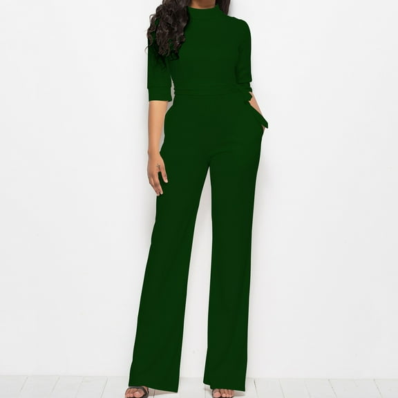 LEBONYARD Pants for Women Plus Size Clearance,Women's Fashionable Solid Color Casual Comfortable Standing Collar Wide Leg Jumpsuit Pants Green L