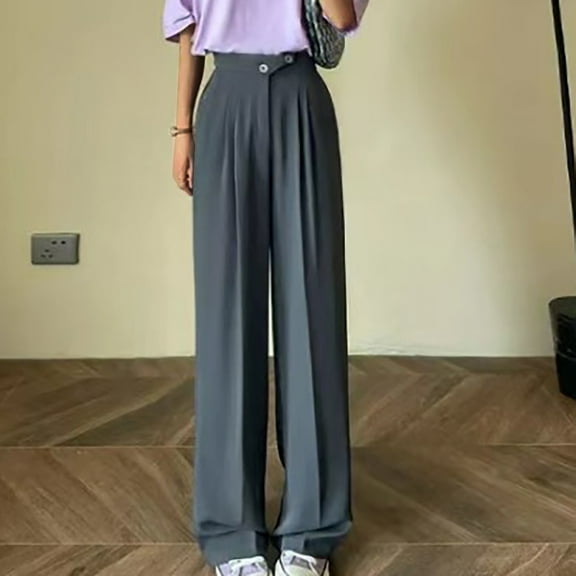 LEBONYARD Pants for Women Plus Size with Pockets,Pants for Women,Women's Solid Color High-Waisted Casual Wide-Leg Pants Gray M