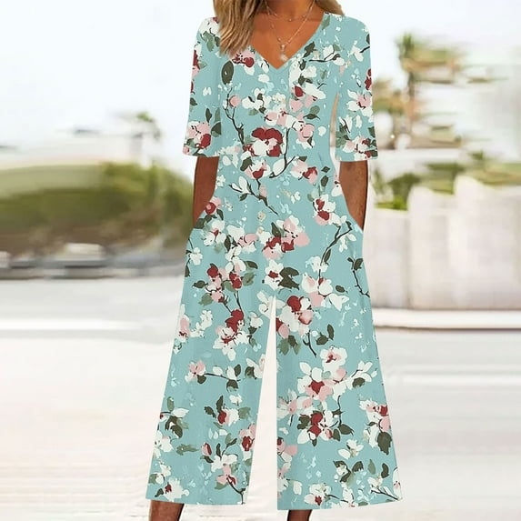 LEBONYARD Petite Wide Leg Pants Flattering Short Stature Fit,Women Summer Floral Print Casual Short Sleeved V-neck Back Zipper Side Pocket Jumpsuit Pants Light Blue M
