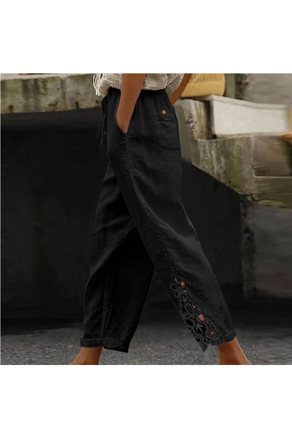Petite Wide Leg Pants Flattering Short Stature Fit,Women's Lace Relaxed Bandage Pocket Button Waist Full Length Pants Black XL